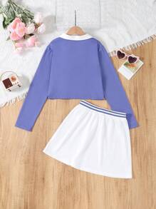 Girls' Spring/Autumn Long Sleeve Collared Blouse & Pleated Mini Skirt Set, Customized Splice Ribbed Two Pieces Outfit, Youthful & Energetic