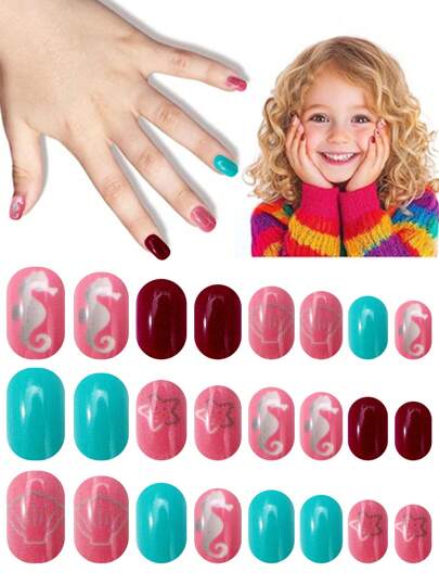 NAIO 24 Pieces Kids Of Children's Press On Nail Stickers Naio Children's Artificial Nail Stickers Pre-Glued Full Coverage Short Acrylic Nails Suitable For Girls' Children's Nail Decoration (Seahorse, Shell, Starfish)