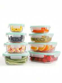 8pcs Sealed Lid Food Storage Container Glass, Reusable, Food Sealed Box, Suitable For Microwave, Oven, Refrigerator, Dishwasher, Office, School And Camping Food Storage, Multi-Functional Kitchenware - Transparent - View 1
