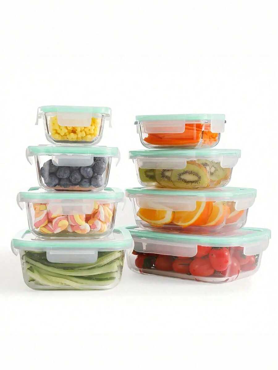 8pcs Sealed Lid Food Storage Container Glass, Reusable, Food Sealed Box, Suitable For Microwave, Oven, Refrigerator, Dishwasher, Office, School And Camping Food Storage, Multi-Functional Kitchenware - Transparent - View 1