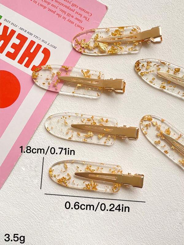 4pcs Clear Resin Hair Clips With Gold & Silver Foil – Stylish Barrettes For Girls, Daily Use Hair Accessories, Casual Claw Clips, Hair Claws, Hair Slide, School Stuff