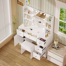 Bedroom Dressing Table Vanity Desk W/ LED Lights Mirror & Stool Makeup Desk Set - White - View 6