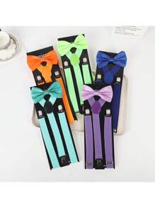1pc Men's Fashion Versatile Adjustable Solid Color Polyester Suspender & Bow Tie Set