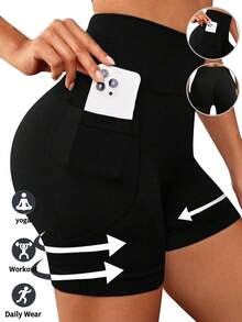 Three-Piece Set Of Plus-Size Women's Cinched Shorts With Pockets. The Nude And Lightweight Cycling High-Waisted Shorts Are Suitable For Fitness, Running And Sports - Đen+Xám+Nâu - Xem 2