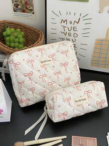 1pc/2pcs/3pcs Pink Bow Women's Cosmetic Bag, Cosmetic Storage Bag Set Suitable For Women, Toiletries Storage Bag, Skin Care Product Storage Bag Travel Portable Cosmetic Bag, Portable Multi-Functional Travel Cosmetics Storage Bag, Compartment Beauty Storage Bag, Travel Toiletries Bag, For Eyeshadow Disc, Foundation, Eye Cream, Mask, Loose Powder And Toiletries, Suitable For Party Vacation, Wedding Makeup Use