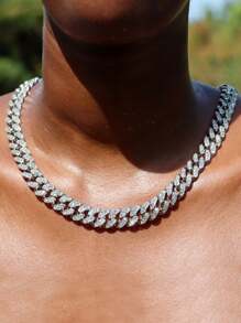 HipHop Men Women 13MM Prong Cuban Link Chain Necklace Bling Iced Out 2 Row Rhinestone Paved Miami Rhombus Cuban Necklace Jewelry