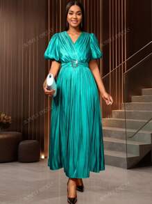 Women Long Party Dresses Elegant Shiny Pleated Short Lantern Sleeves V Neck Classy Curve Ladies Belly Cover Occasions,Outfit For Date,Party,Wedding Dress,Bridesmaid Dress,Graduation Dress,Wedding Guest Back To School
