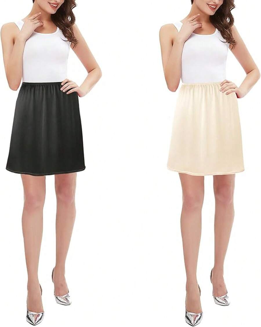 2-Pack Satin Half Slips For Under Dresses, Women's Anti-Static Slip Skirt Extender & Petticoat Underskirt For Daily Wear - 16'' 黑色+香檳色 - 查看 1