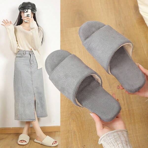 Open Toe Slippers, Soft Sole Non-Slip Silent Indoor House Slipper For Couple, Suitable For Wooden Floor In All Seasons, Autumn/Winter, Exposed Toe Preppy Sweet Style