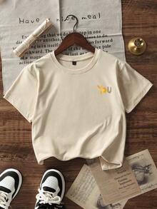 女童和青少年休闲杏色印花圆领短袖 T 恤、夏季上衣