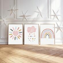 3pcs Art Deco Canvas Wall Art Set - Modern Minimalist Sun, Cloud, Rainbow & Heart Prints - Spring Season Indoor Posters For Living Room, Bedroom, Classroom - Frameless Portrait Orientation Artwork