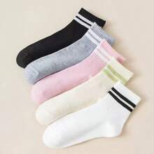 5 双女式中筒袜，双面条纹 - 纯色弹性罗纹袜腿，柔软透气面料，适合休闲、轻度运动和日常穿着 - 中性色（黑色、灰色、粉色、白色、米色），可爱袜子