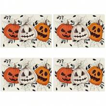 Juego de 4/6/12 manteles individuales - Estampado de calabaza de terror, bruja y murciélago - Manteles individuales impresos creativos, resistentes al calor, decoración de mesa de cocina para Halloween, decoración de habitación, decoraciones de mesa para fiestas, mejorando la atmósfera festiva