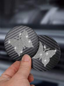 2 件 Bing 水钻蝴蝶形碳纤维纹理时尚杯垫 - 黑色 - 查看 2