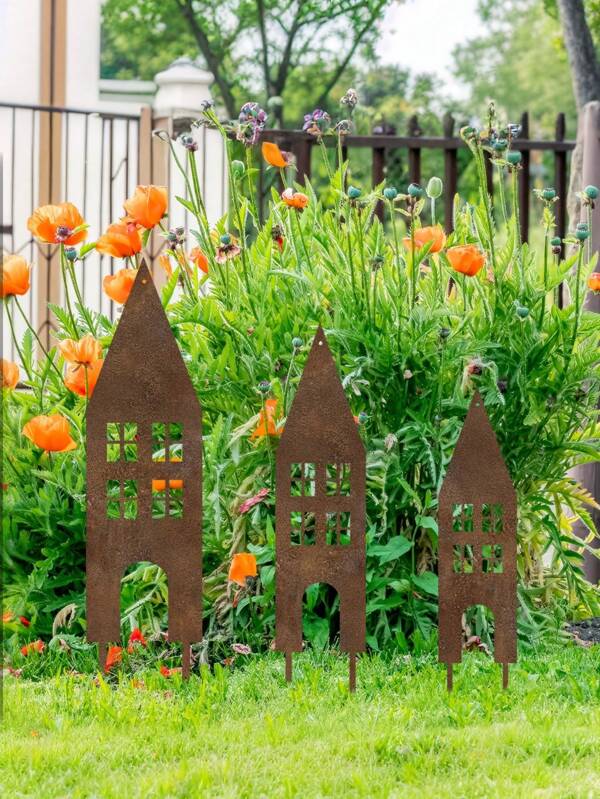 [Rustic Craftsmanship] 3pcs Rural Metal Castle Garden Stakes - Retro-Style Outdoor, Courtyard And Balcony Decor, No Electricity Or Batteries Required, Perfect For Halloween And Family-Themed Spaces, Metal Garden Art