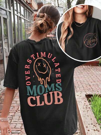 Women's Summer Overstimulation Mom Club Graphic Print Round Neck Short Sleeve Simple Casual Everyday Black Plus Size T-Shirt Tops, Mom Birthday Graphic Print Ladies Tops, Fun Mom Prints Ladies Summer Clothing, Face Letter Prints Summer Tops