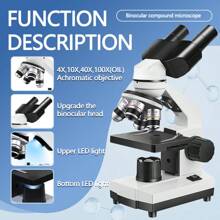 Microscopio biológico óptico compuesto binocular, lente objetivo mejorada de 4, con aumento de 40X-2500X, con iluminación LED superior e inferior mejoradas, incluye oculares gran angular duales y kit de observación, con base de metal para experimentos