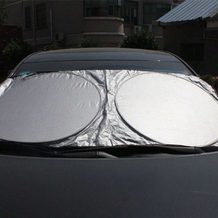 1 Pc Folding Car Windshield Sun Shade With Double Circle Silver Coating - Multicolor - View 1