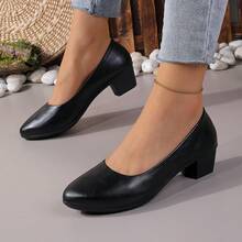 高跟浅口鞋，粗跟低鞋面圆头轻便软底工作鞋，不疲劳女式浅口鞋，方扣中跟空姐鞋，黑色舒适正装鞋，可搭配西装，优雅高跟鞋，适合所有季节，纯色 PU 皮革女鞋 - 黑色 - 查看 6