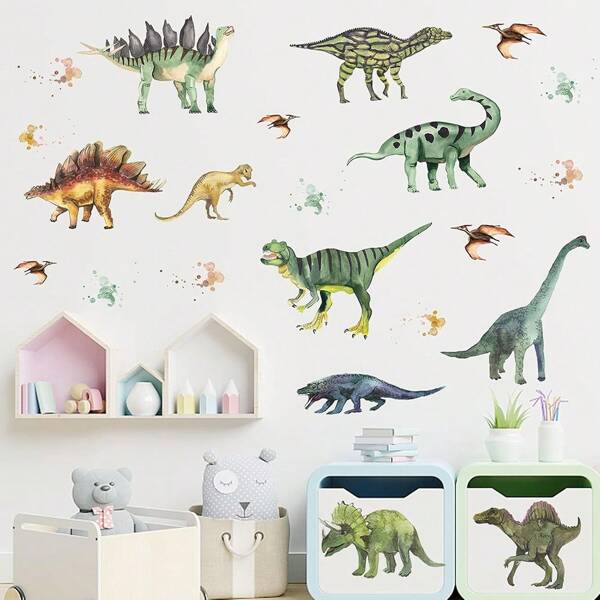 1 Set de vinilos para pared con diseño de dinosaurios y animales de la selva en acuarela, incluyendo T-Rex y volcán, para decoración de dormitorio, sala de estar y hogar
