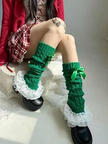 Bow & Lace Leg Warmers - Y2K Sweet Lolita Style, Knee High Socks - 891 Green - View 4