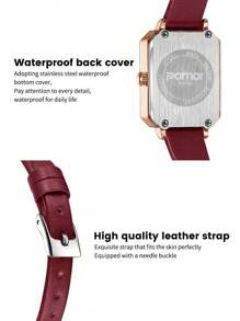 POMAR Fashionable Retro Rectangular Watch With Wine Red Dial And Diamond Markings - Leather Strap, Watch For Women