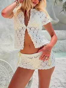 Womens Short Sleeve See Through Button T Shirts With Shorts Set Two Piece Kint Outfits - trắng - Xem 3