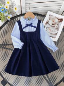 Young Girl Fashionable Casual Two Pieces Splicing Bow Striped Long Sleeve Button Floral Decor Collar A-Line Dress For Daily, Home, Outdoor, Sports, Spring & Autumn - Blue and White - View 2