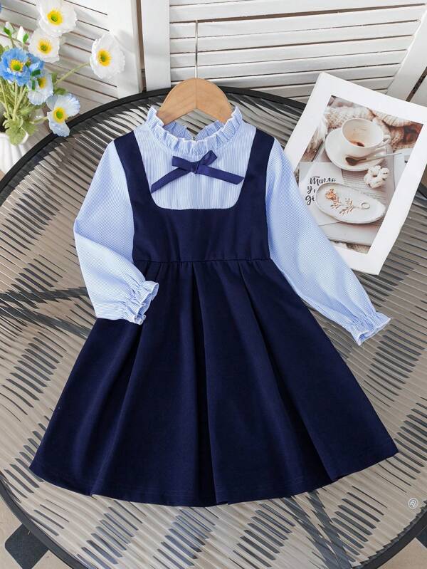 Vestido de dos piezas de estilo casual y fashionable para niñas jóvenes, con cuello decorado con flor, manga larga, botones y lazo, rayado, para uso diario, en casa, al aire libre, deportes, primavera y otoño