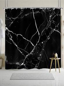 1/4 Set Waterproof Black Marble Pattern Polyester Shower Curtain With C-Shaped Hooks, Woven Texture, Fashionable Theme, Machine Washable, Includes Hanging Accessories Bathroom Decor