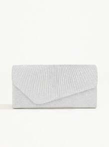 Silver Glitter Clutch Bag, Shiny Pleated Shoulder Chain Evening Bag For Women, Party & Date Small Purse