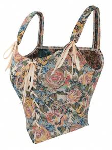 Alivila.Y Fashion Womens Vintage Floral Print Grommet Lace Up Tie Front Corset Bustier Shapewear Top - 彩色 - 查看 2