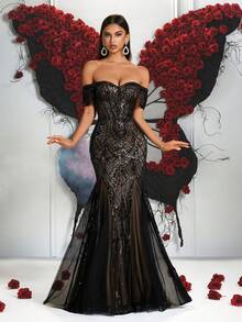 Elisanya Black Elegant Embroidered Sequin Off Shoulder Tassel High Waist Backless Tied Party Dress (Embroidery Position Random)