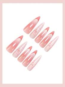 24片长杏仁渐变美甲贴纸，按压式美甲贴片，适合女性和女孩日常佩戴，夏季美甲配件 - 粉色 - 查看 3
