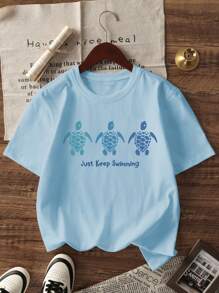 1 Pc Girls Casual Turtle Graphic Print Round Neck Short Sleeve T-Shirt, Summer Student Younger Kid Fashion - Imaginative & Self-Expressive Turtle Artwork Design