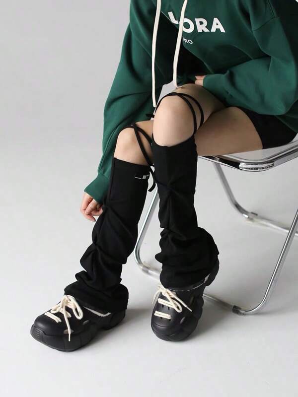 polve Street Subculture Leg Warmers, Niche Ropes Flared Leg Sleeves, Slim Leg Ruched Y2K Leg Warmers Autumn Accessories