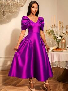 Elegant A-Line Maxi Party Dress, Ruffle Half Puff Sleeves, Cocktail Formal Gown, Suitable For Dates, Parties, Weddings, Bridesmaids, Graduations, Wedding Guests, Autumn Women's Wear, Back To School Essential - Purple - View 2