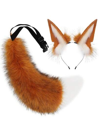 2 Pieces Plush Faux Fur Fox Ears Headband Wolf Tail Fursuit Costume Accessories