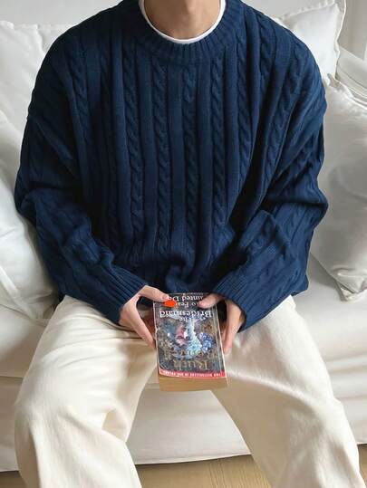 White Yue 男士时尚休闲加厚扭绳纽扣落肩圆领毛衣，适合通勤、秋冬新款、圣诞节、新年穿着，长袖上衣