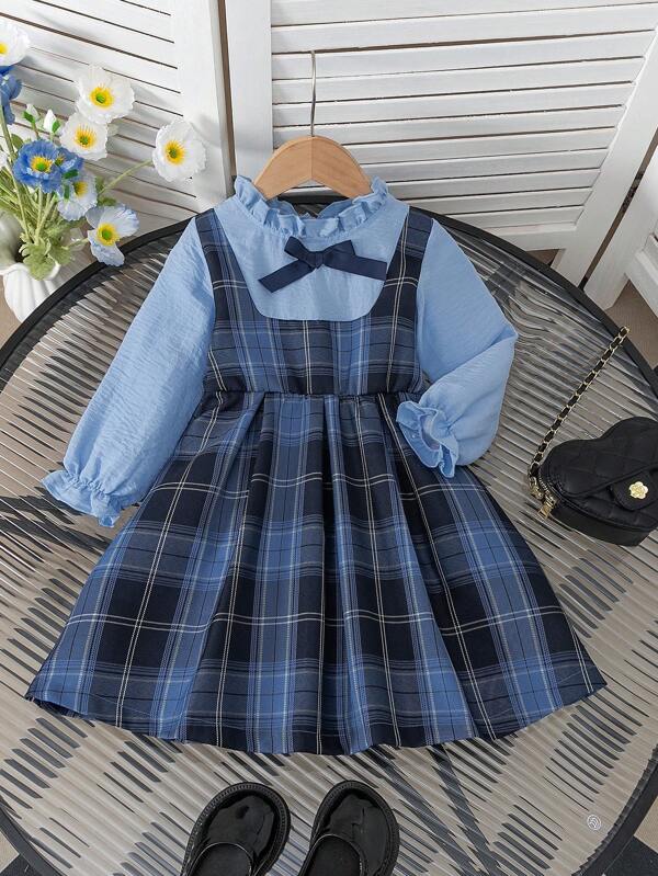 Vestido de línea A con estampado de cuadrícula, cuello de encaje floral, manga larga, abotonado y lazo 3D en contraste de color, adecuado para uso diario, en casa, al aire libre y deportes, para niñas jóvenes, apropiado para primavera/otoño