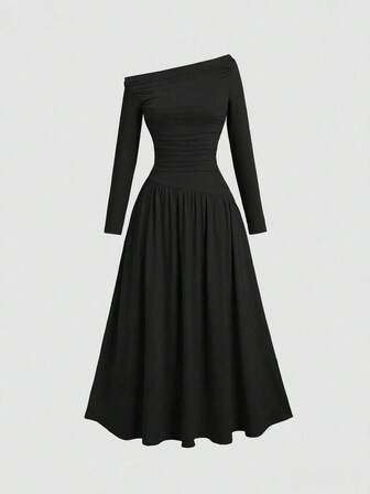 Black Asymmetrical Shoulder Cinched Waist Elegant Casual Mid-Length Dress For Women, Suitable For Autumn And Spring