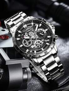 GUANQIN 1 Stück wasserdichte leuchtende Skelett Uhr mit Chronograph Kalender Multifunktions-Zifferblatt, kratzfestes Edelstahlarmband, modischer, luxuriöser, sportlicher, klassischer, einfacher, legerer mechanischer Stil, automatische Quarzuhr, geeignet als Geschenk zum Vatertag, für Studenten, Feste, Dates, Büro, Alltag