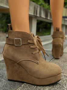 Damen Herbst/Winter Neue Veloursleder Ankle Boots, Keilabsatz Dicke Sohle Schnürung Lässig Komfortable Urlaubs Party Einfarbige Chelsea Stiefel - Braun - Übersicht 6