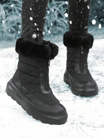 2025秋冬新款女式高筒系带雪地靴，舒适厚底防滑耐磨纯色黑色高帮保暖内衬保暖靴，年轻女性时尚户外徒步登山探险短靴，防水皮革鞋面配毛绒内衬，保暖防寒