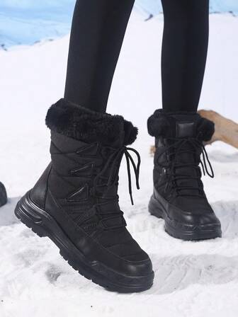 女式雪地靴，新款秋冬高帮中筒系带舒适厚底防滑耐用纯黑色踝靴，时尚户外徒步保暖毛绒衬里防水皮鞋