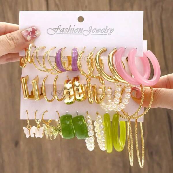 Geometric Butterfly Alloy Hoop Earrings Set With Vintage Pearl, Jewelry Studs