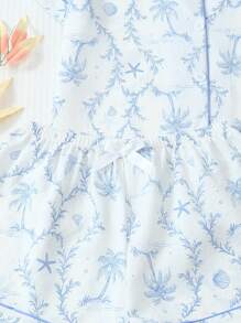 Conjunto de pijama de 2 piezas con camisa de manga corta con bolsillo y cuello de solapa con estampado de árbol de coco y bote, y pantalón corto con lazo, cómodo para uso en interiores/hogar, primavera/verano, para mujer