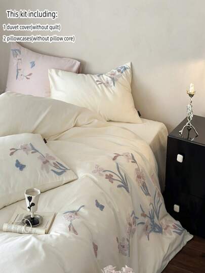 3pcs Elegant Embroidered Orchid Duvet Cover Set (Without Filler)
