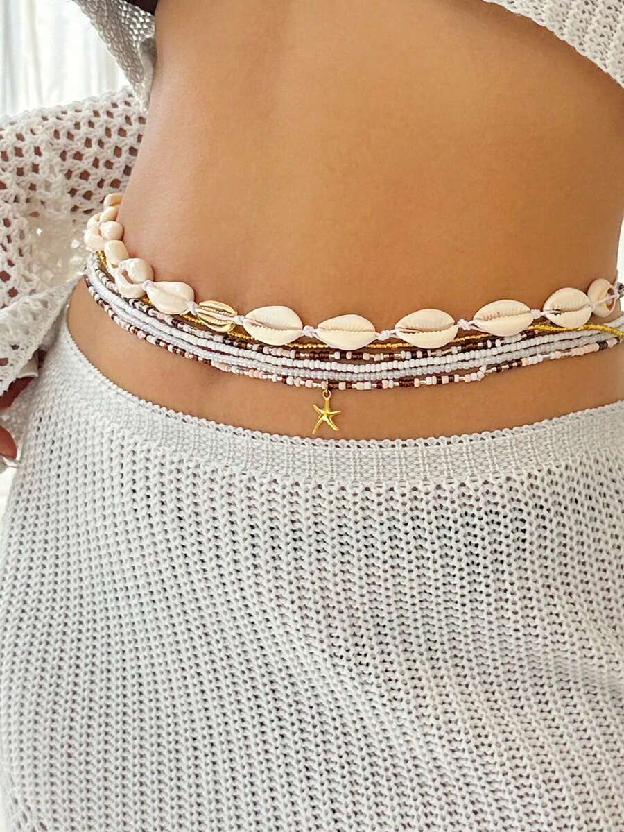6 款波西米亚度假风格贝壳、米珠、腰链、沙滩海星、身体首饰链，女士