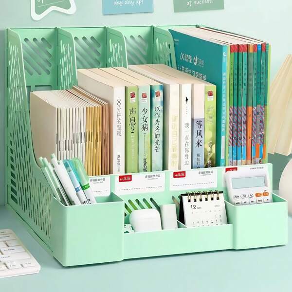 大容量 4 层夹层书架带笔架 - 厚实耐用的文件存储架 - 适用于办公用品和文件整理、返校、学校用品